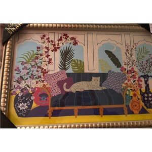 Sapna Shah unique Framed Floral Cat Wall Art Print in Blue and Pink